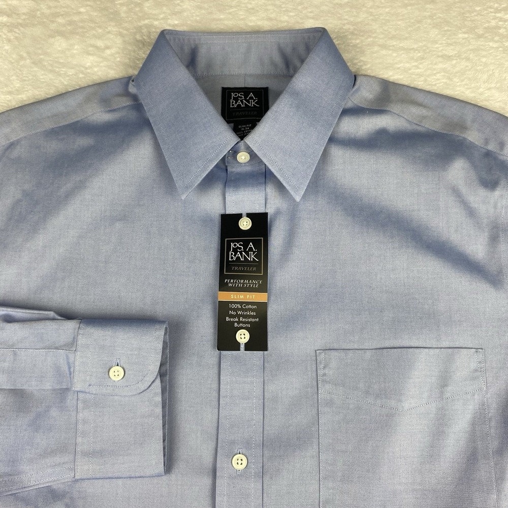 Jos. A. Bank Traveler Dress Shirt Mens 16-34 Blue Wrinkle Free Slim Fit NWT!